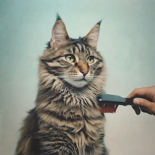 A long-haired cat being brushed out during a full groom
