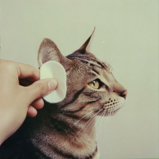 A cat having its ears and eyes gently cleaned